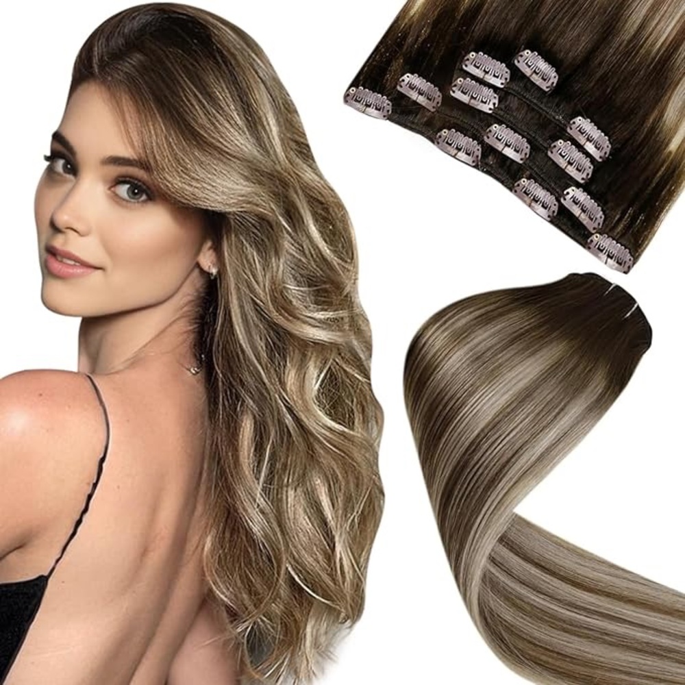 LaaVoo Clip on Human Hair Extensions Balayage Dark Brown to Blonde 12in 80g 5pcs